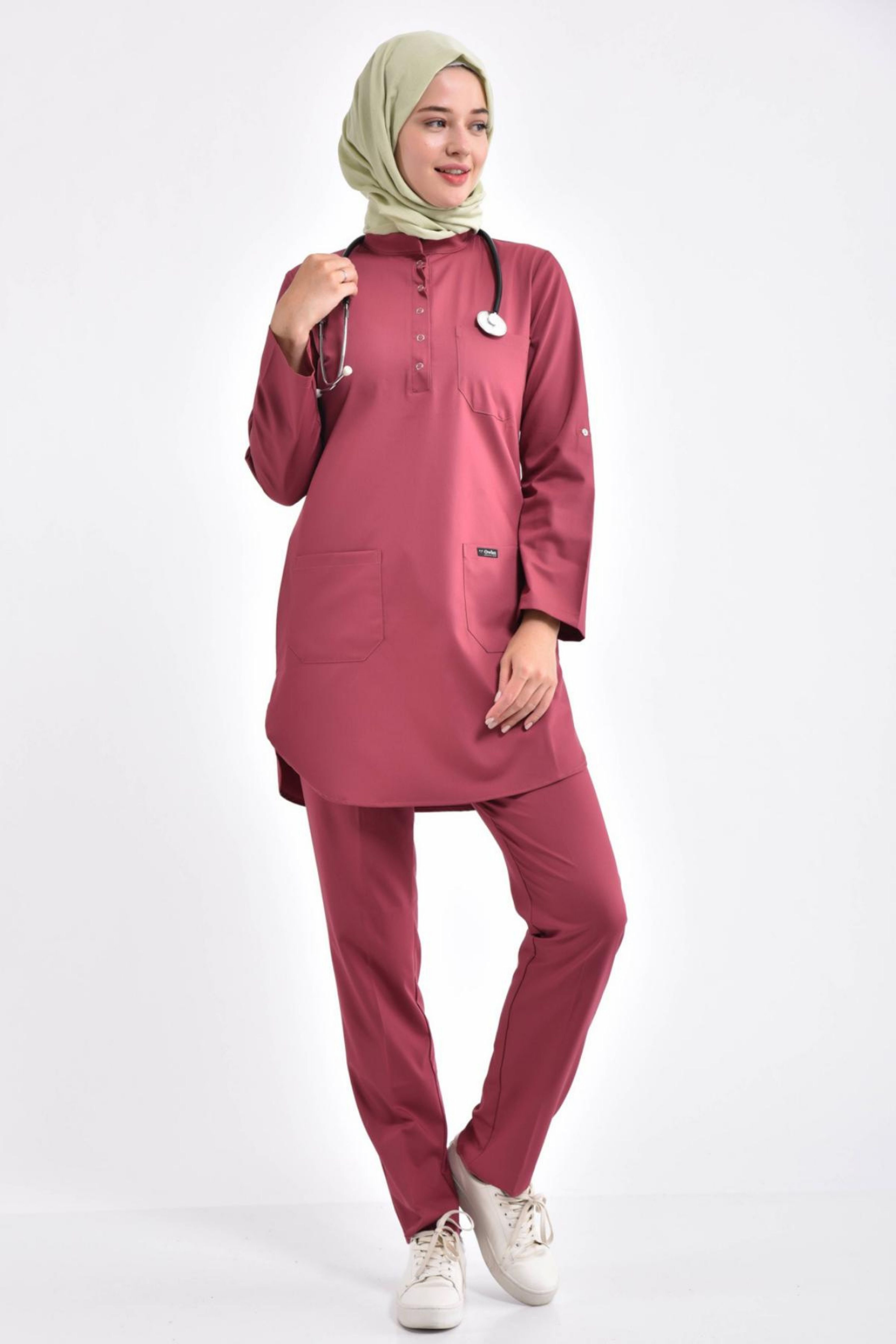 Likralı Cerrahi Tesettür Takım Koyu Pembe - Owlet Medikal