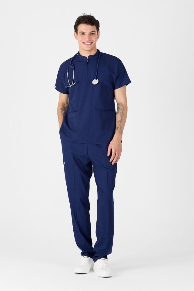 Likralı Lacivert Fermuar Detaylı Scrubs - Owlet Medikal