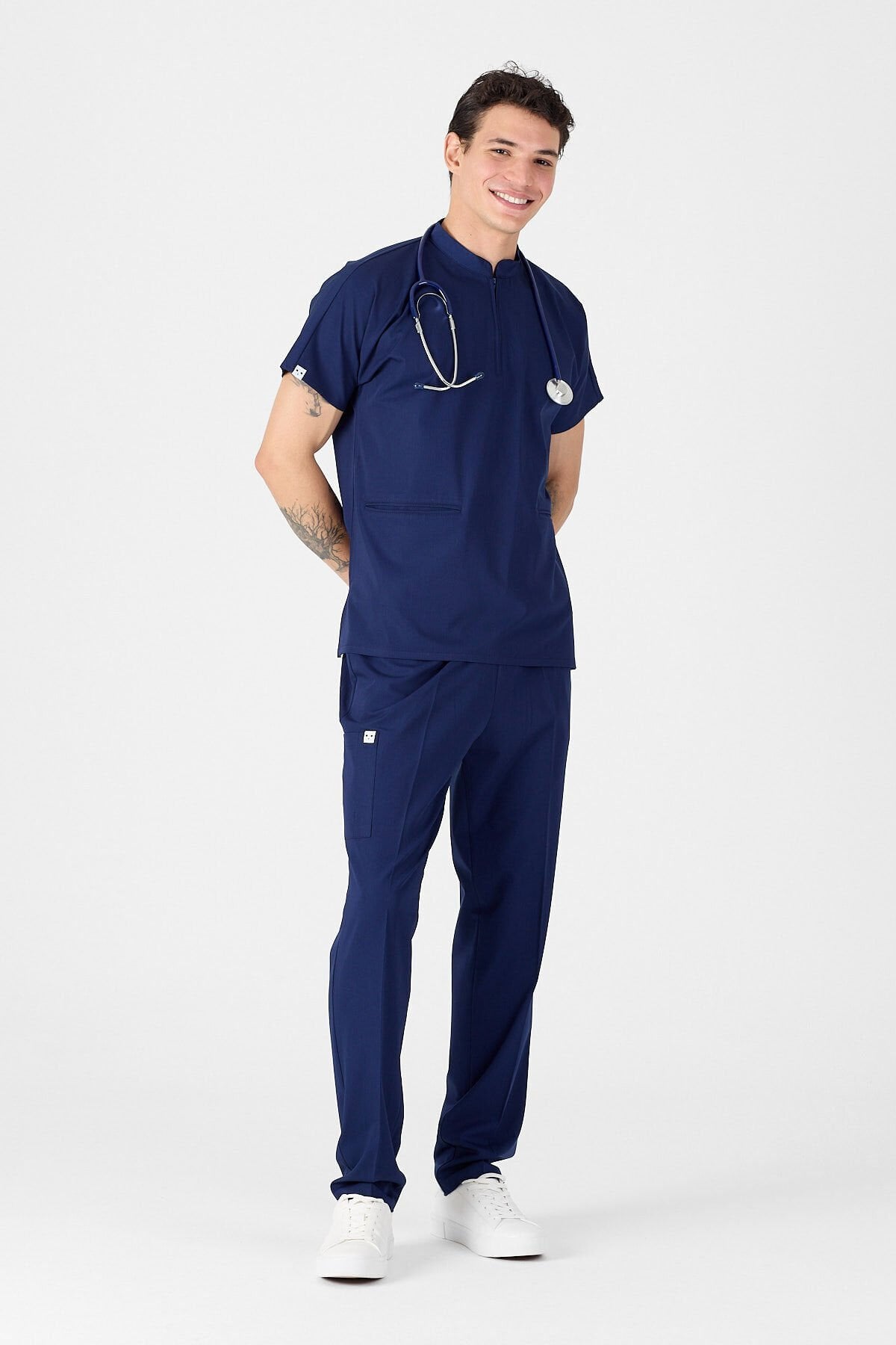 Likralı Lacivert Fermuar Detaylı Scrubs - Owlet Medikal