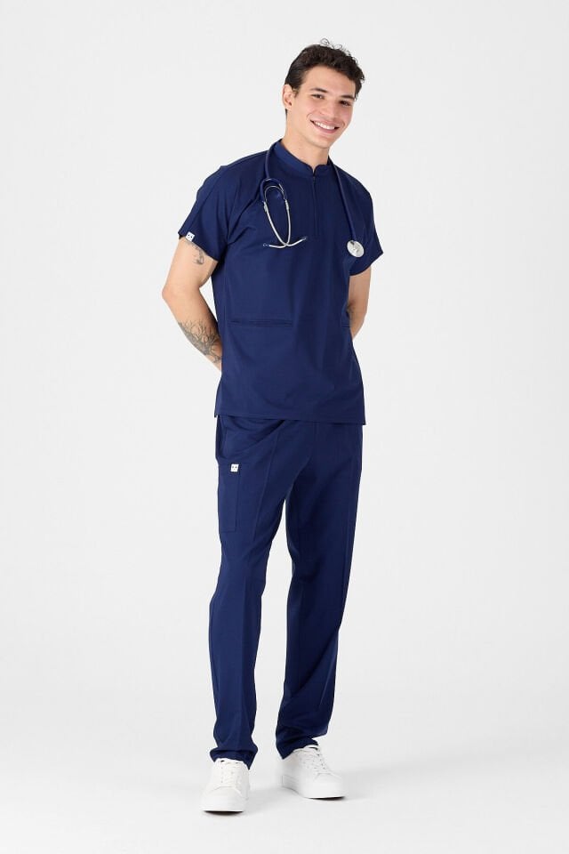 Navy Blue Lycra Scrubs with Zipper Detail