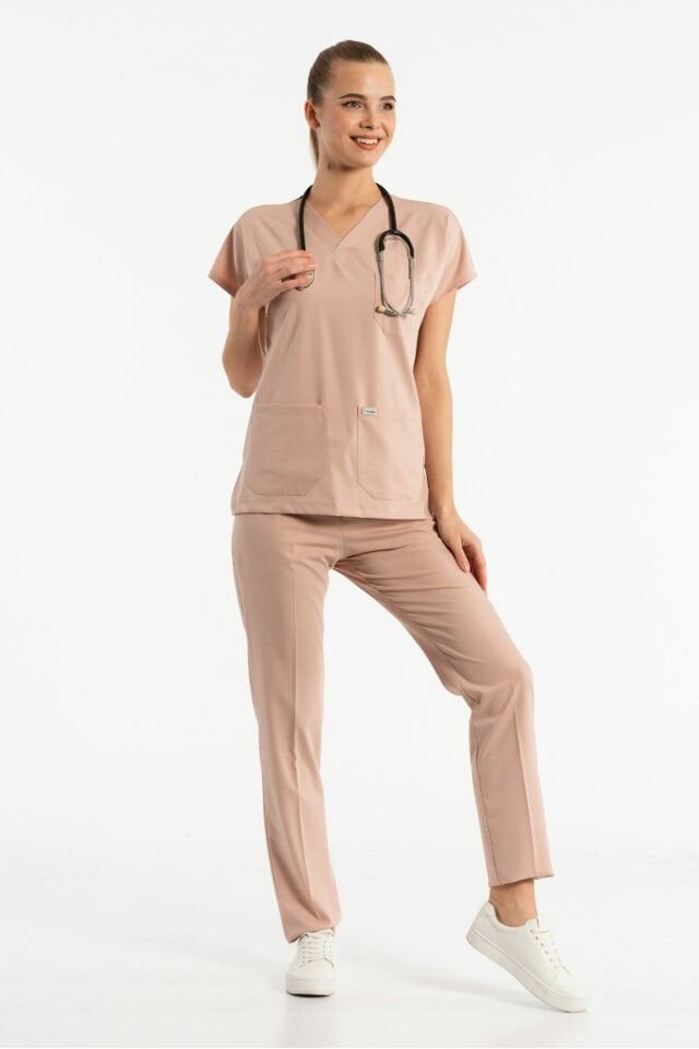 Likralı Açık Pudra Cerrahi Üniforma Takım