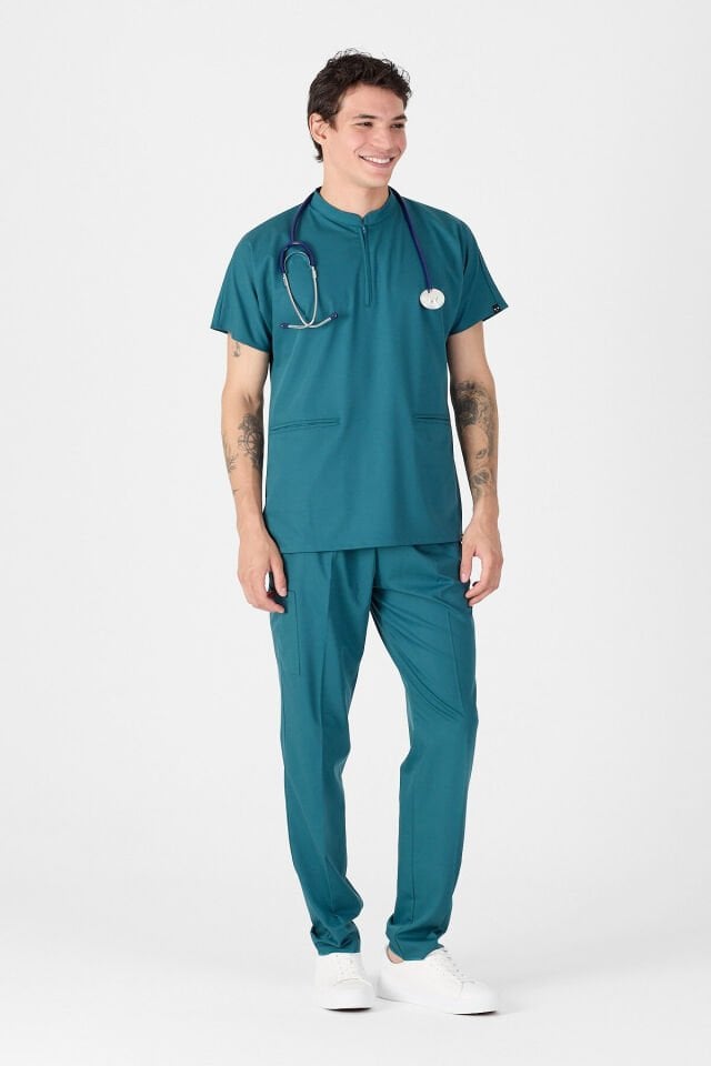 Likralı Koyu Petrol Yeşili Fermuar Detaylı Scrubs