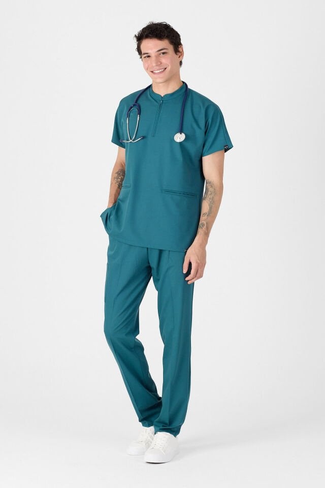 Likralı Koyu Petrol Yeşili Fermuar Detaylı Scrubs