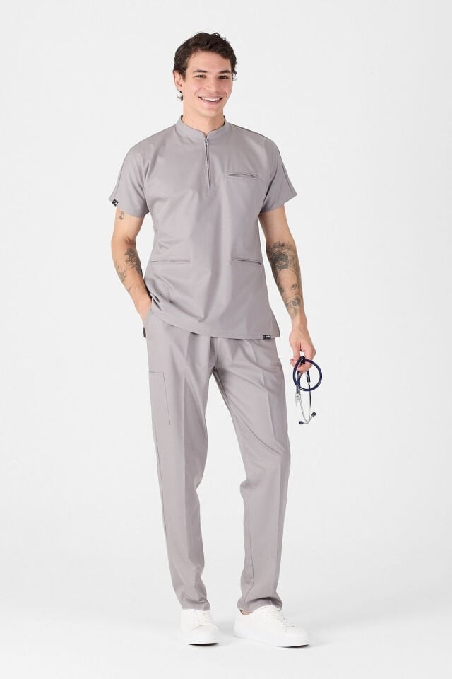 Likralı Duman Grisi Fermuar Detaylı Scrubs