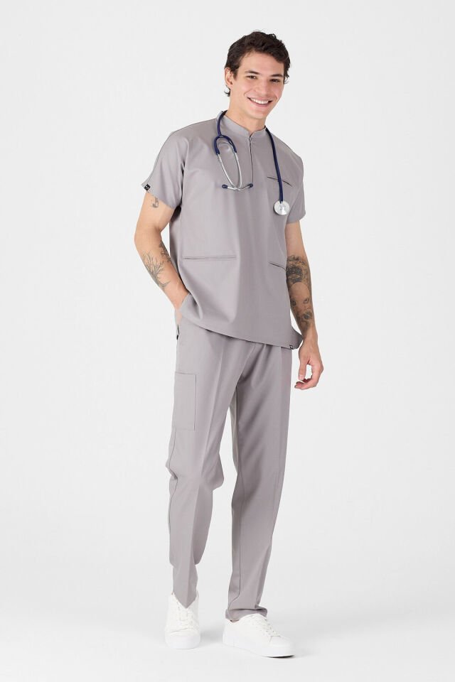 Likralı Duman Grisi Fermuar Detaylı Scrubs