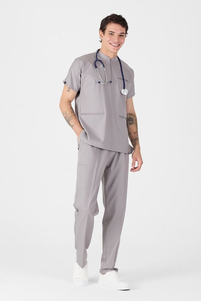 Likralı Duman Grisi Fermuar Detaylı Scrubs - Owlet Medikal
