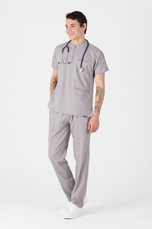 Likralı Duman Grisi Fermuar Detaylı Scrubs - Owlet Medikal