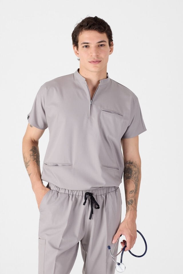 Likralı Duman Grisi Fermuar Detaylı Scrubs