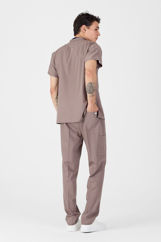 Likralı Koyu Vizon Hakim Yaka Scrubs