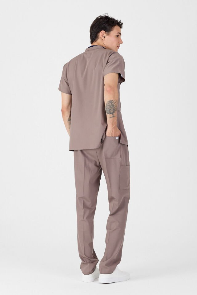 Likralı Koyu Vizon Hakim Yaka Scrubs