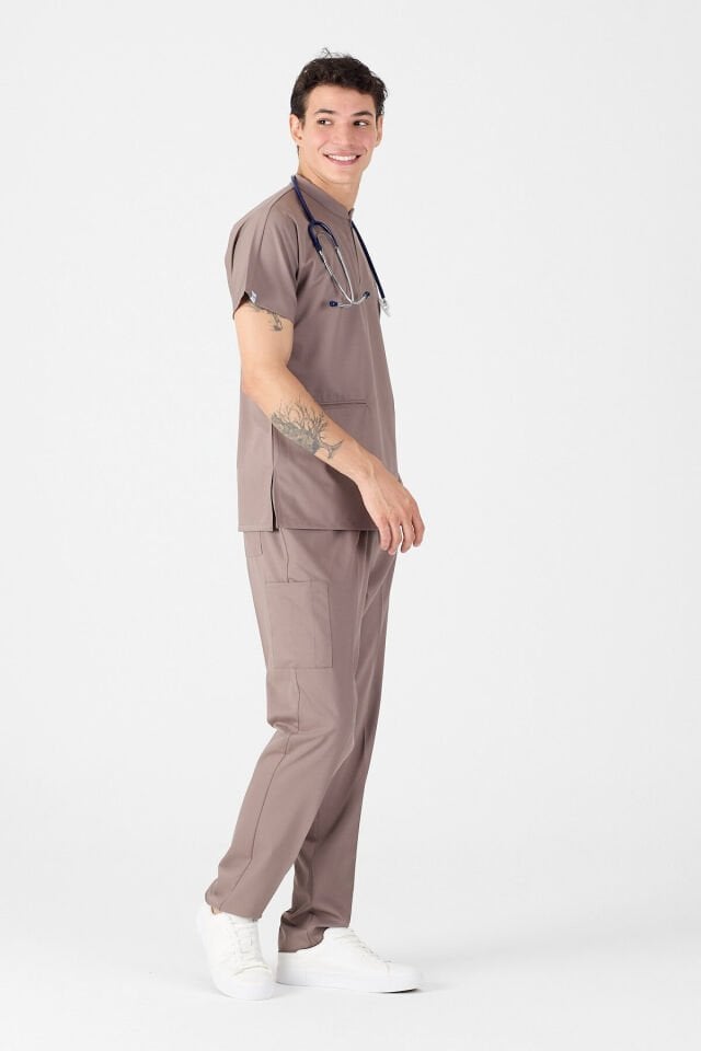 Likralı Koyu Vizon Hakim Yaka Scrubs