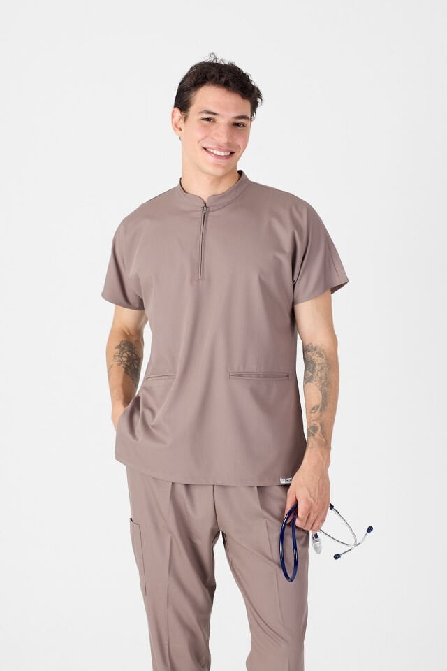 Likralı Koyu Vizon Hakim Yaka Scrubs