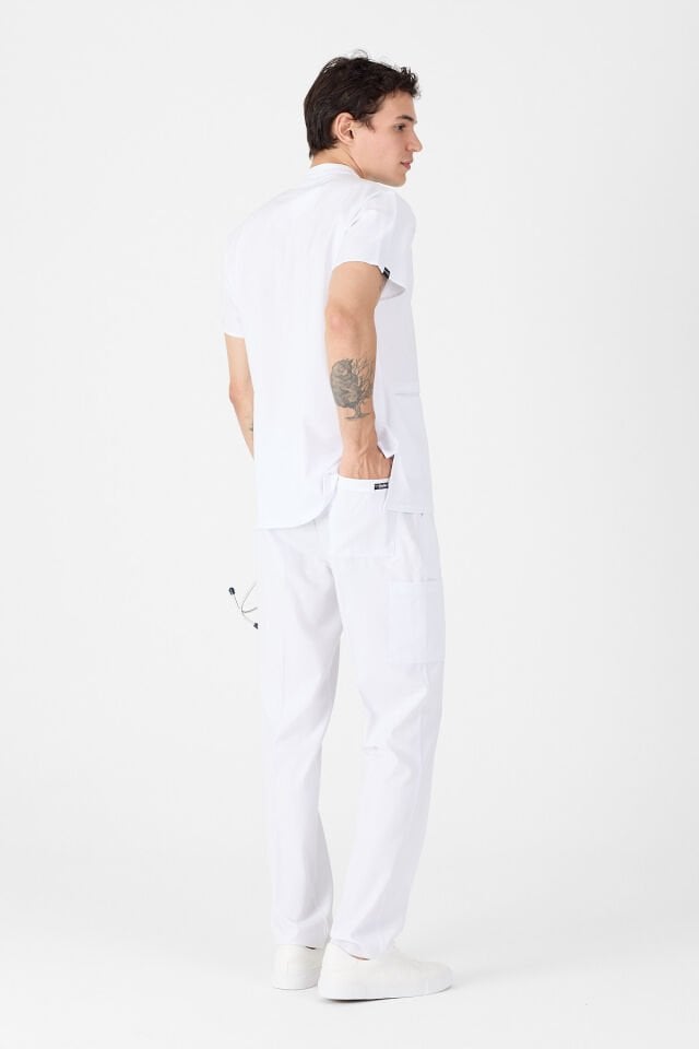 Likralı Beyaz Hakim Yaka Scrubs