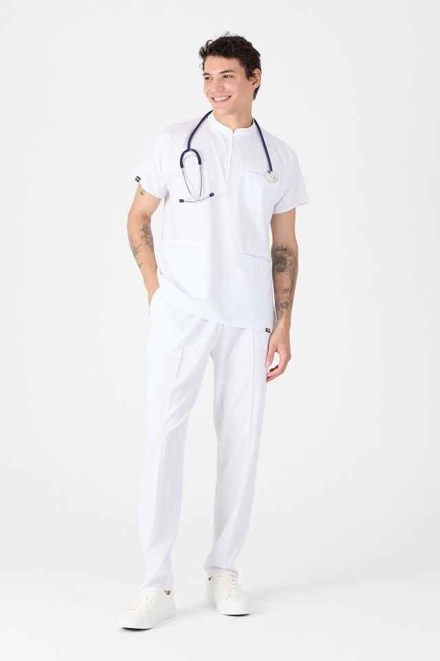 Likralı Beyaz Hakim Yaka Scrubs