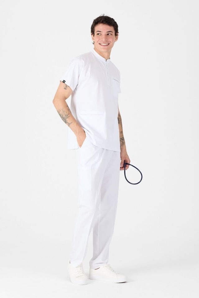 Likralı Beyaz Hakim Yaka Scrubs