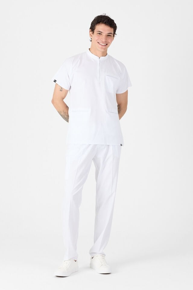 Likralı Beyaz Hakim Yaka Scrubs