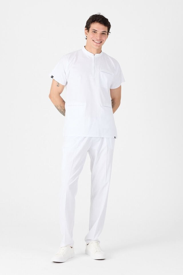 Likralı Beyaz Hakim Yaka Scrubs