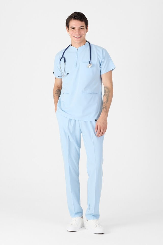 Likralı Bebe Mavisi Hakim Yaka Scrubs