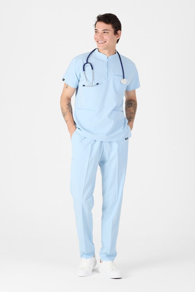 Likralı Bebe Mavisi Hakim Yaka Scrubs