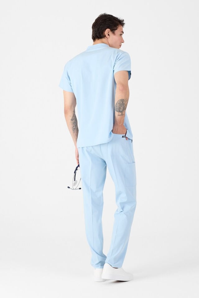 Likralı Bebe Mavisi Hakim Yaka Scrubs