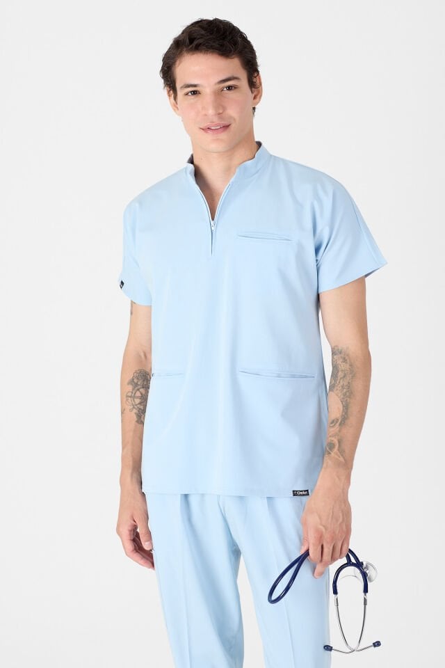 Likralı Bebe Mavisi Hakim Yaka Scrubs
