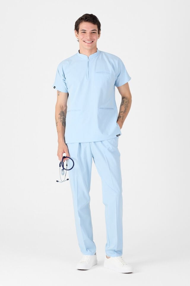 Likralı Bebe Mavisi Hakim Yaka Scrubs