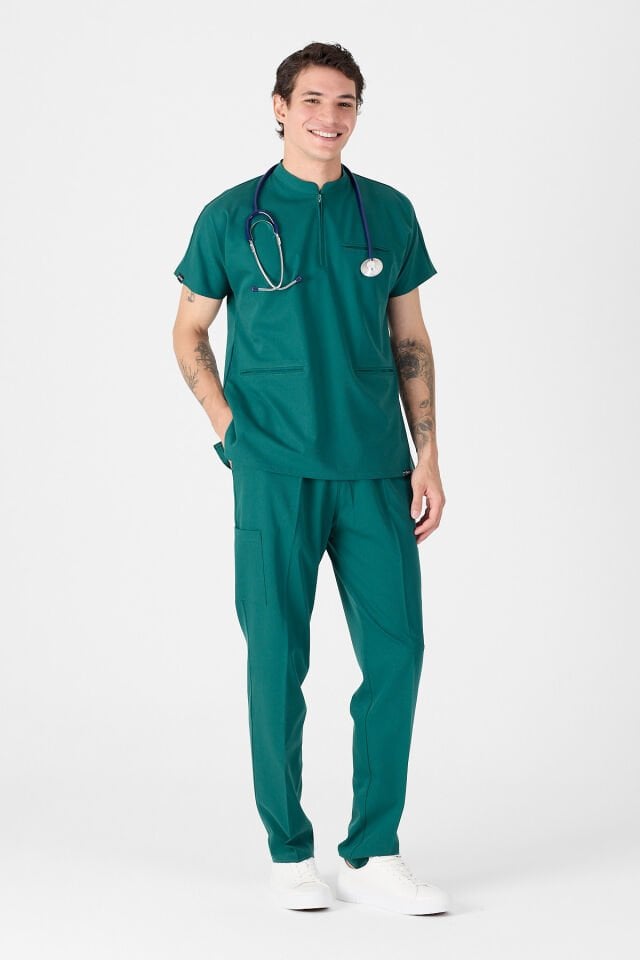 Likralı Avcı Yeşili Hakim Yaka Scrubs