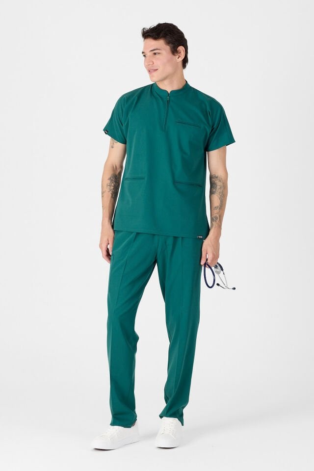 Likralı Avcı Yeşili Hakim Yaka Scrubs