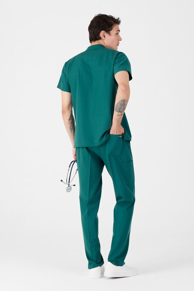 Likralı Avcı Yeşili Hakim Yaka Scrubs