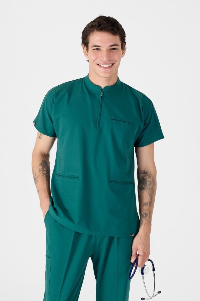 Likralı Avcı Yeşili Hakim Yaka Scrubs