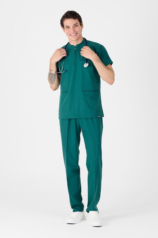 Likralı Avcı Yeşili Hakim Yaka Scrubs - Owlet Medikal