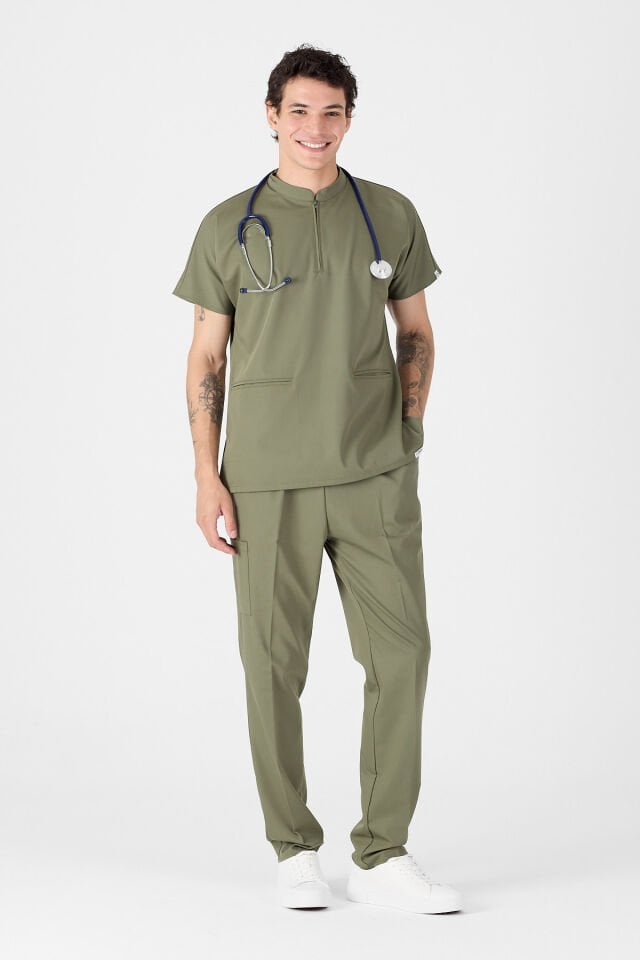 Likralı Asker Yeşili Fermuar Detaylı Scrubs