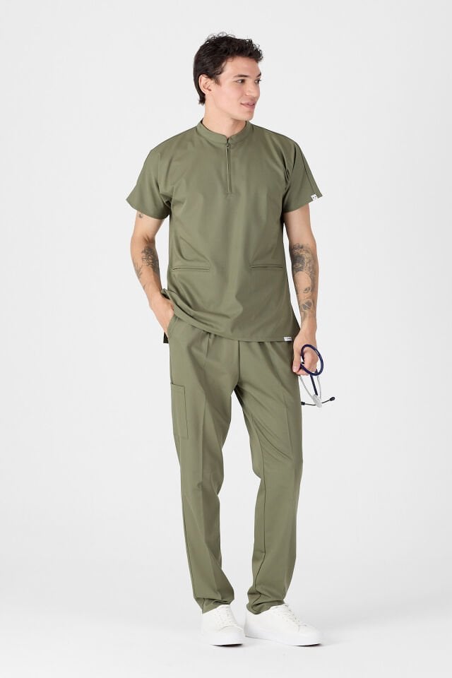 Likralı Asker Yeşili Fermuar Detaylı Scrubs