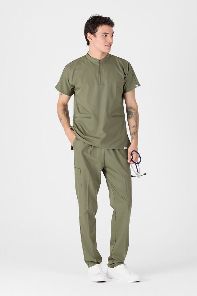 Likralı Asker Yeşili Fermuar Detaylı Scrubs