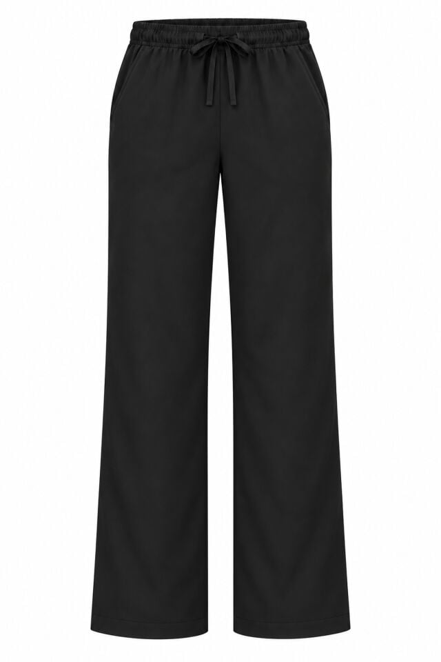 Likralı Siyah Bol Paça Scrubs Pantolon
