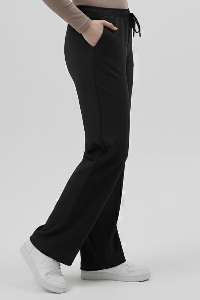 Likralı Siyah Bol Paça Scrubs Pantolon