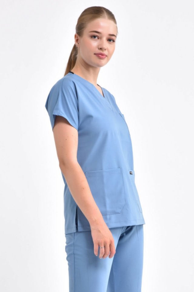 Likralı Açık Mavi Cerrahi Üst
