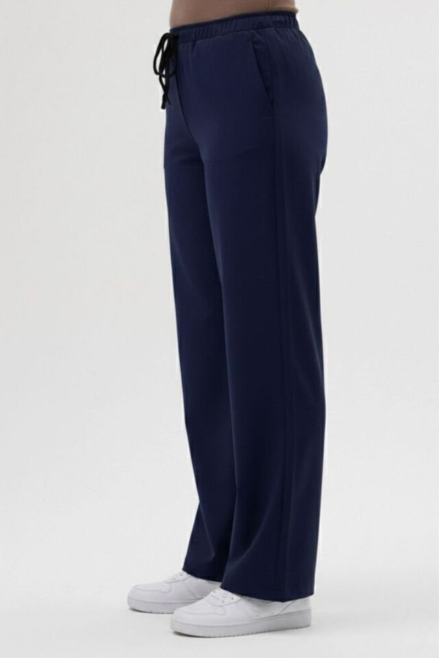 Likralı Lacivert Bol Paça Scrubs Pantolon