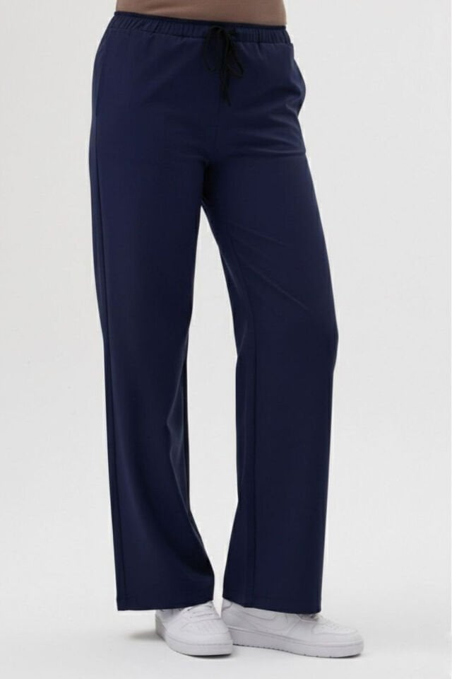 Likralı Lacivert Bol Paça Scrubs Pantolon