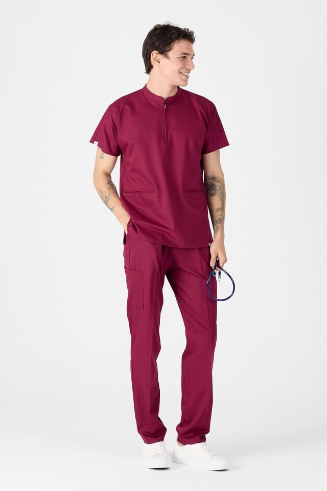 Likralı Vişne Fermuar Detaylı Scrubs