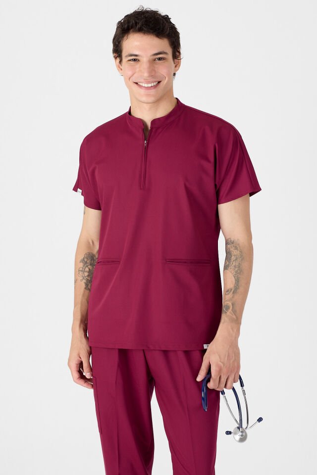 Likralı Vişne Fermuar Detaylı Scrubs