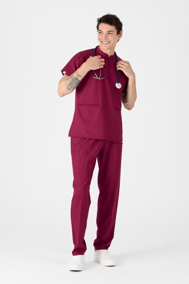 Likralı Vişne Fermuar Detaylı Scrubs