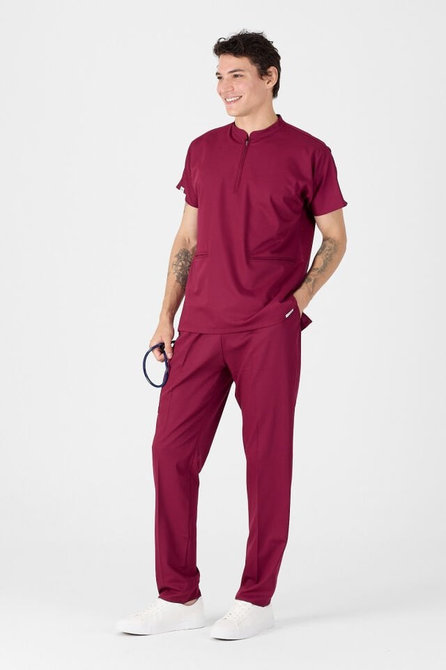 Likralı Vişne Fermuar Detaylı Scrubs