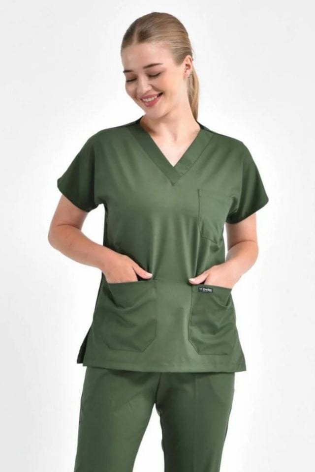 Likralı Haki Yeşili Cerrahi Üst