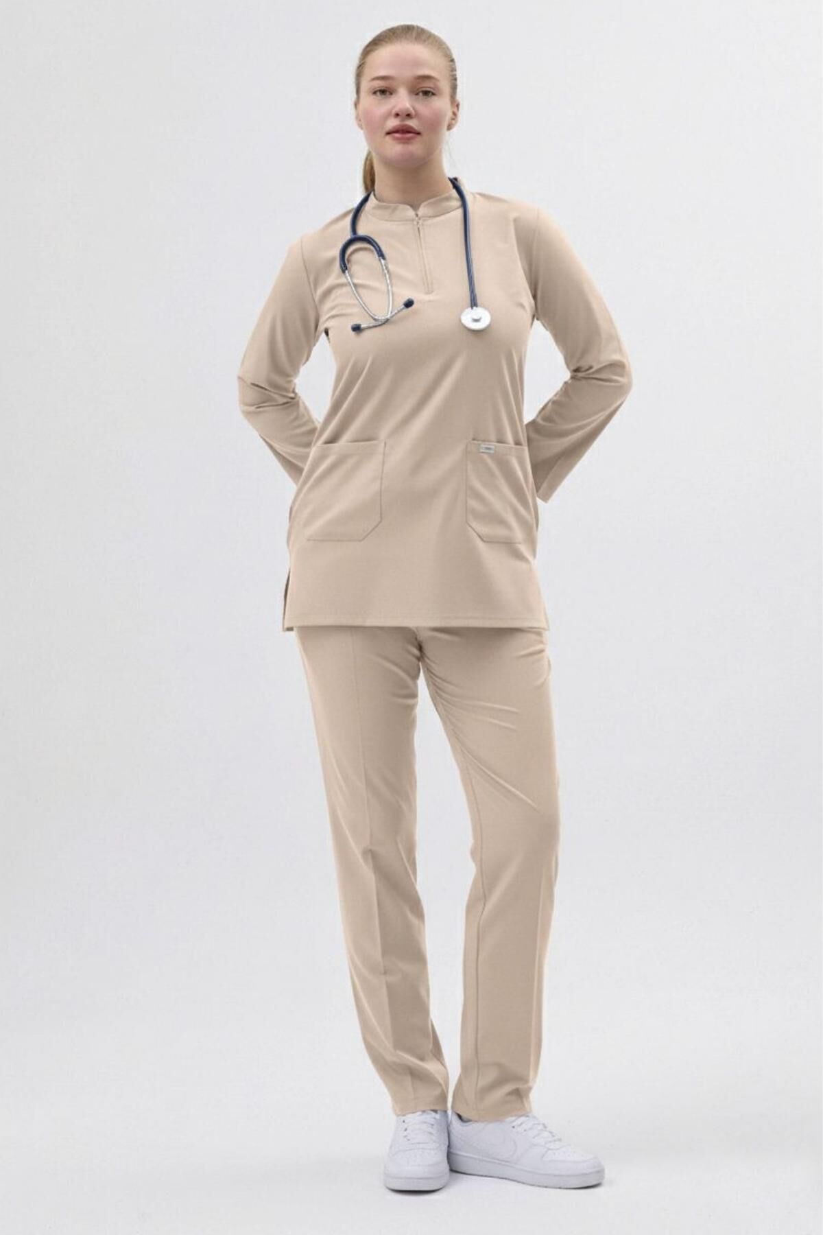 Likralı Bej Tunik Boy Takım