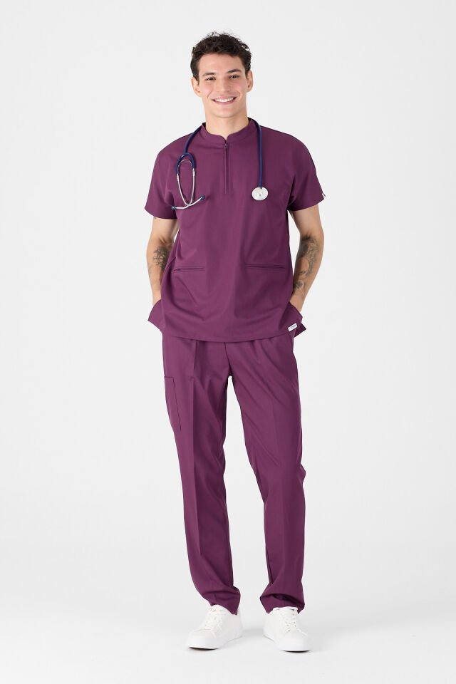 Likralı Mürdüm Hakim Yaka Scrubs Forma
