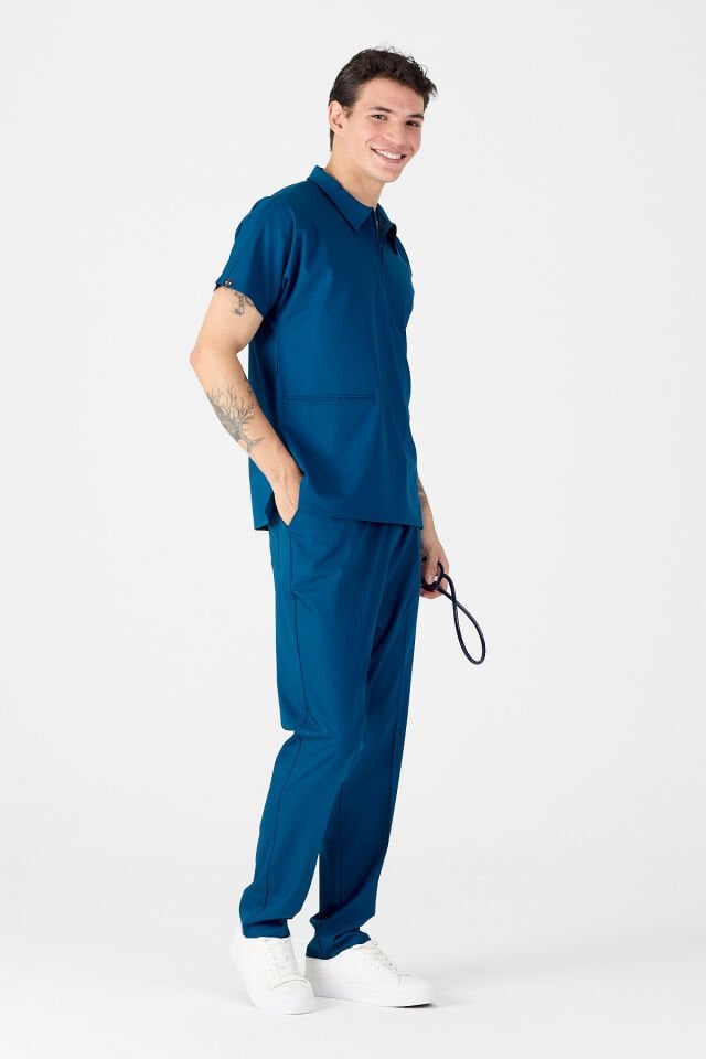 Likralı Petrol Mavisi Polo Yaka Scrubs