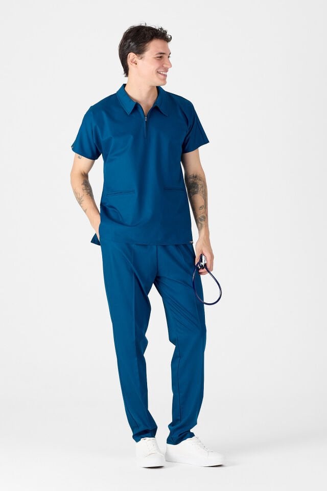 Likralı Petrol Mavisi Polo Yaka Scrubs - Owlet Medikal