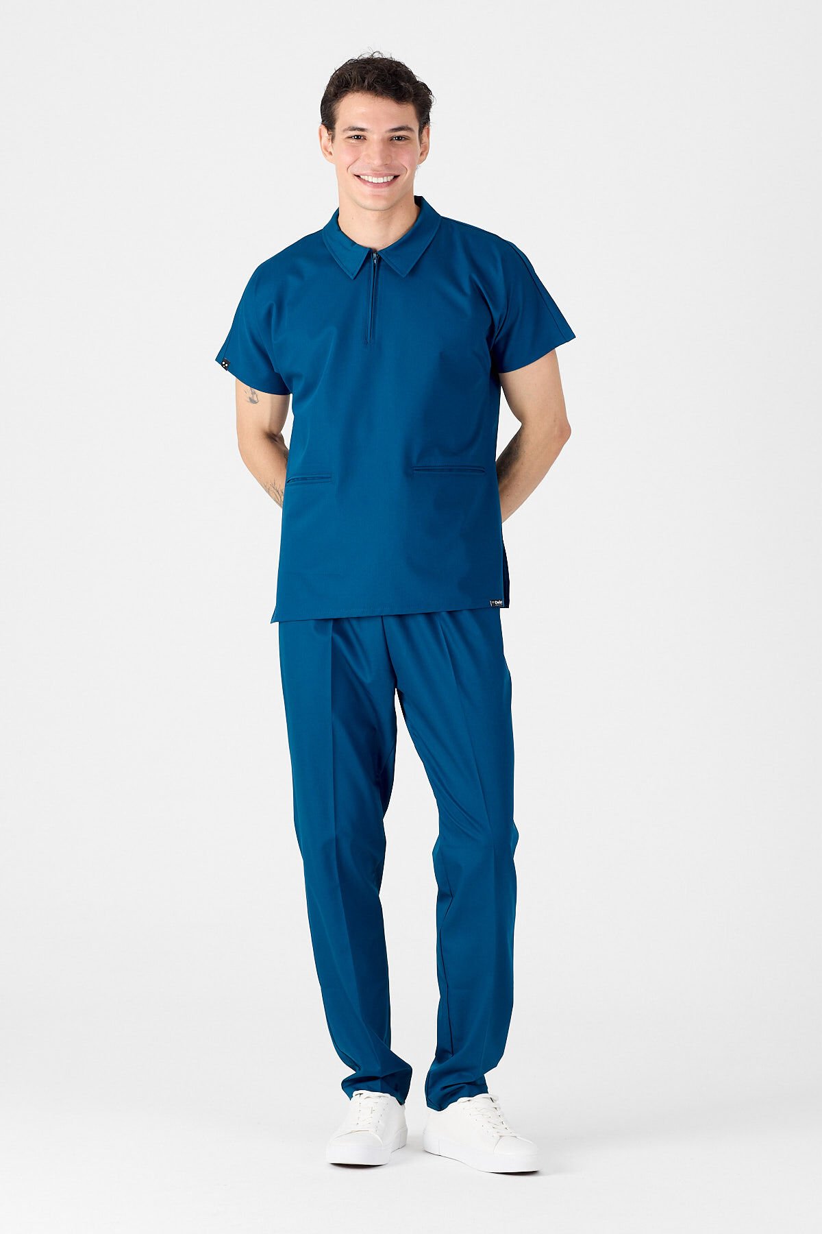 Likralı Petrol Mavisi Polo Yaka Scrubs