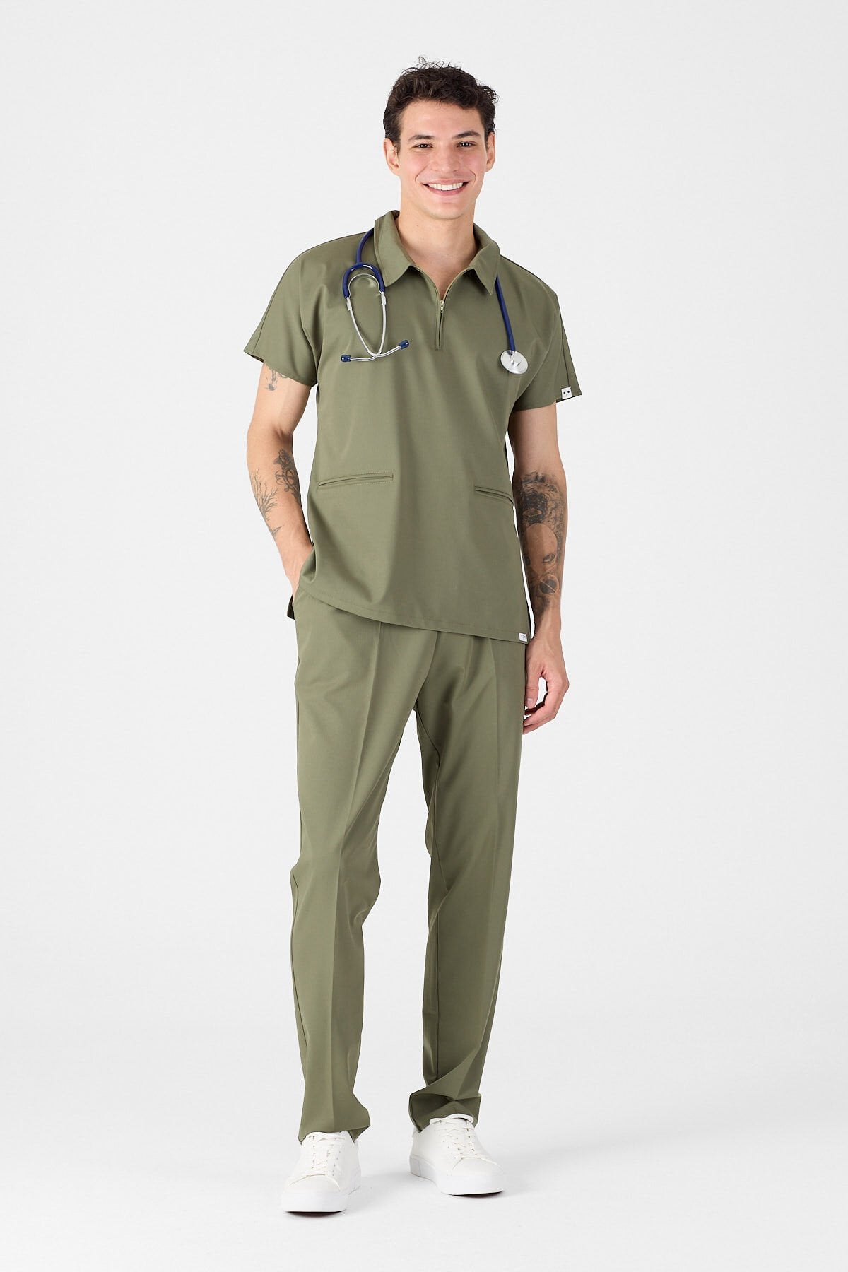 Likralı Asker Yeşili Polo Yaka Scrubs